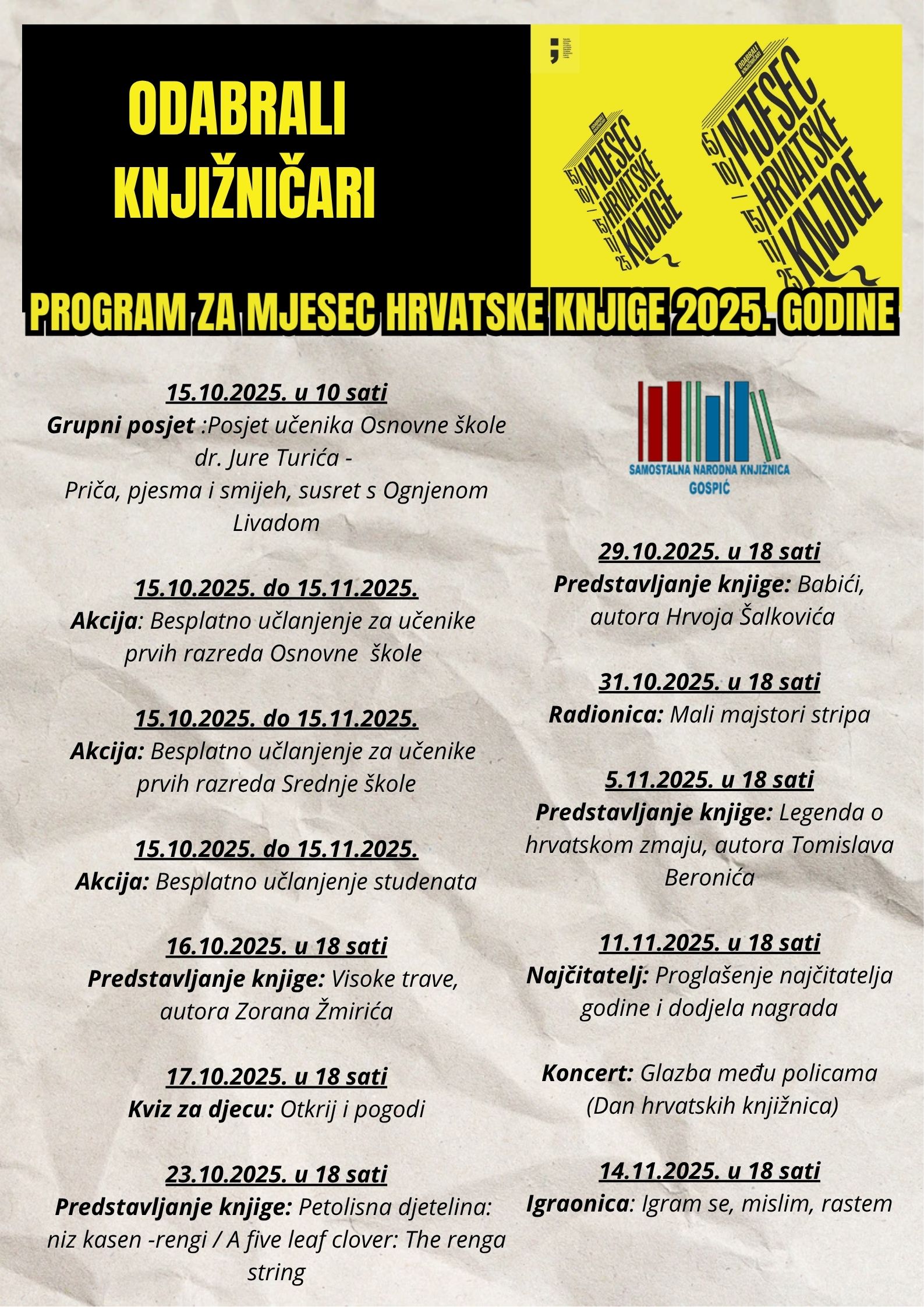 Pročitajte više o članku Mjesec hrvatske knjige 2025. u Samostalnoj narodnoj knjižnici Gospić